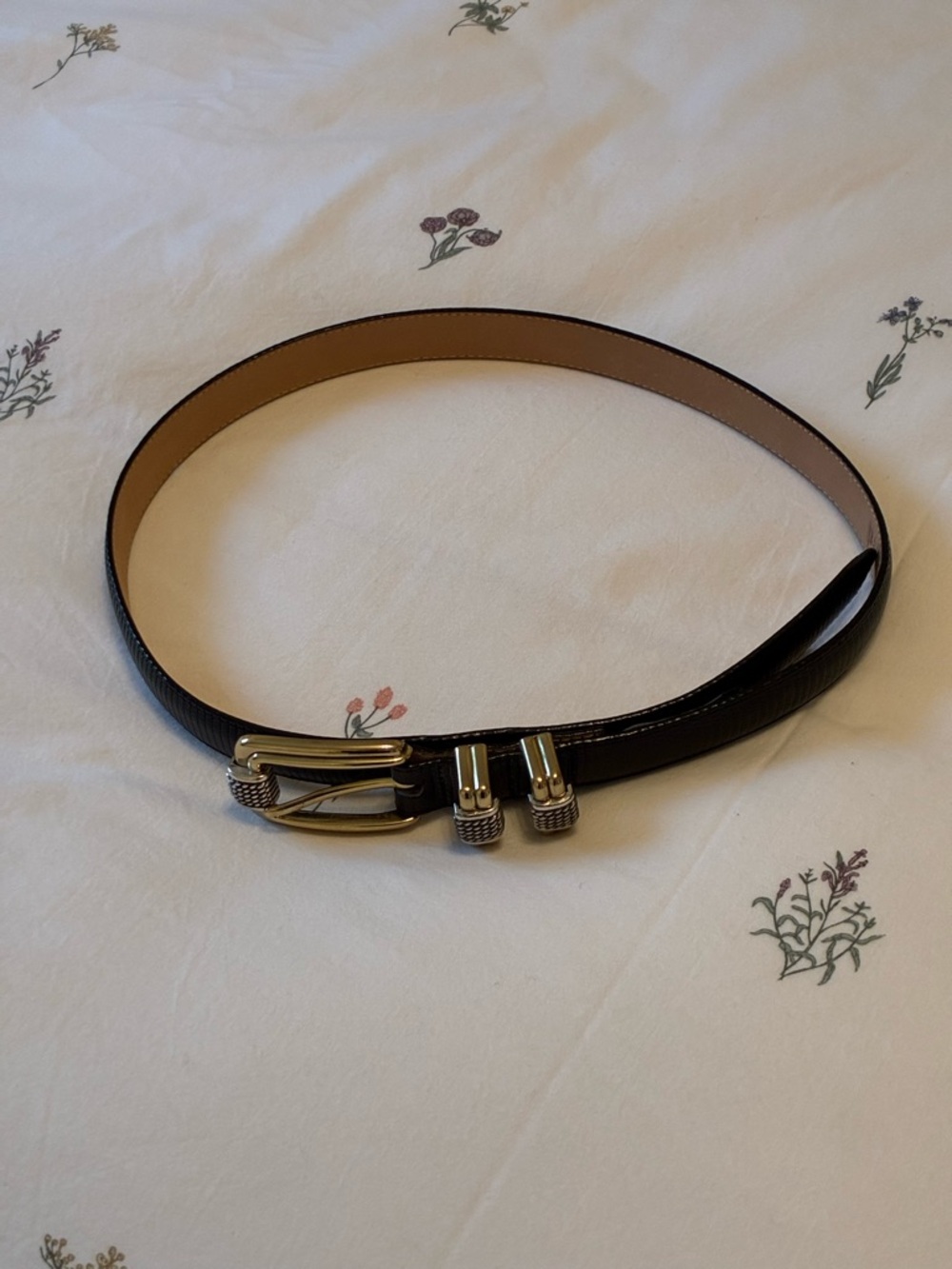 Black Textured Leather Belt with Gold Hardware